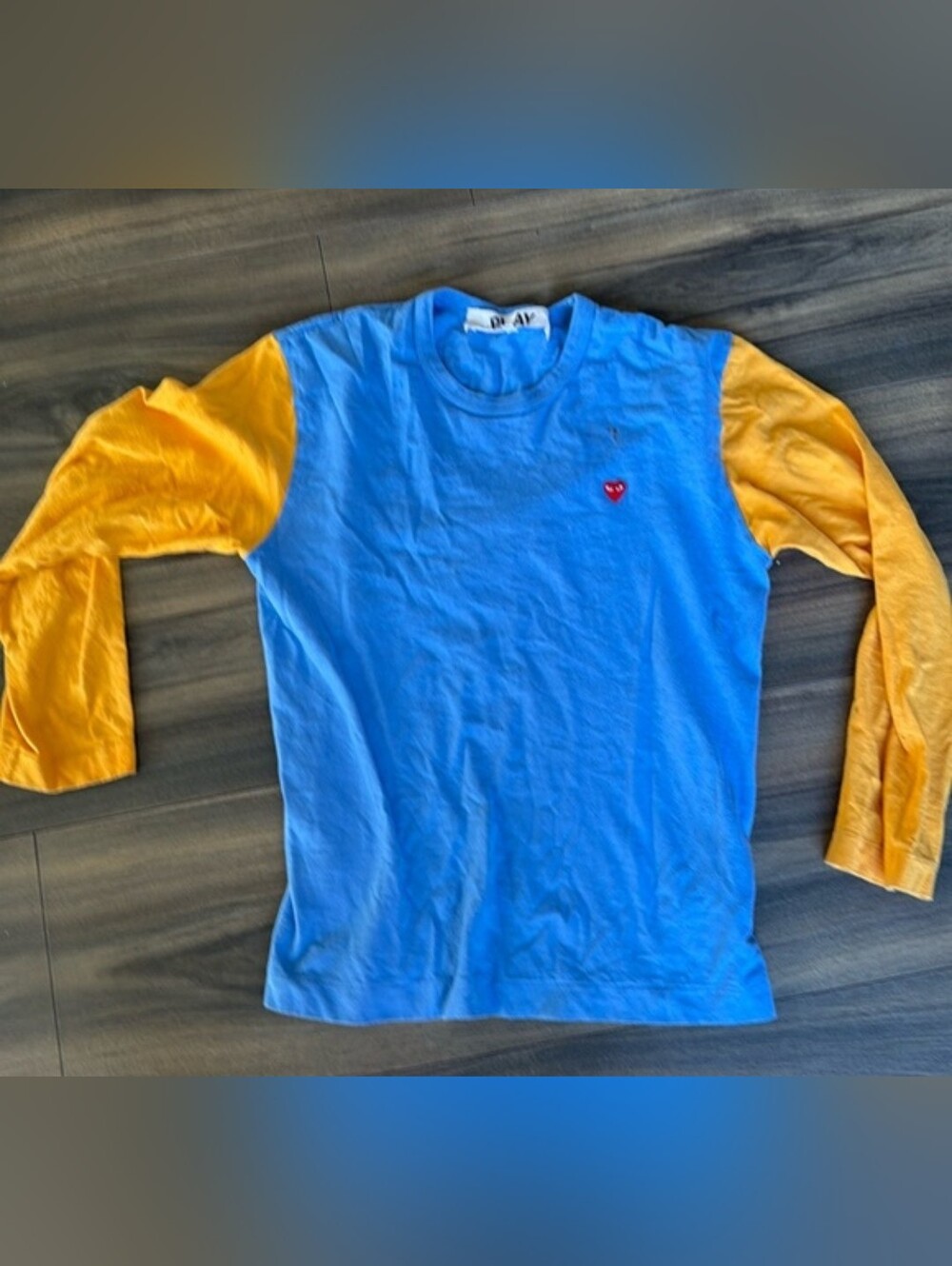 Comme des Garcons Blue Tee with Yellow Sleeves and Red Heart Patch